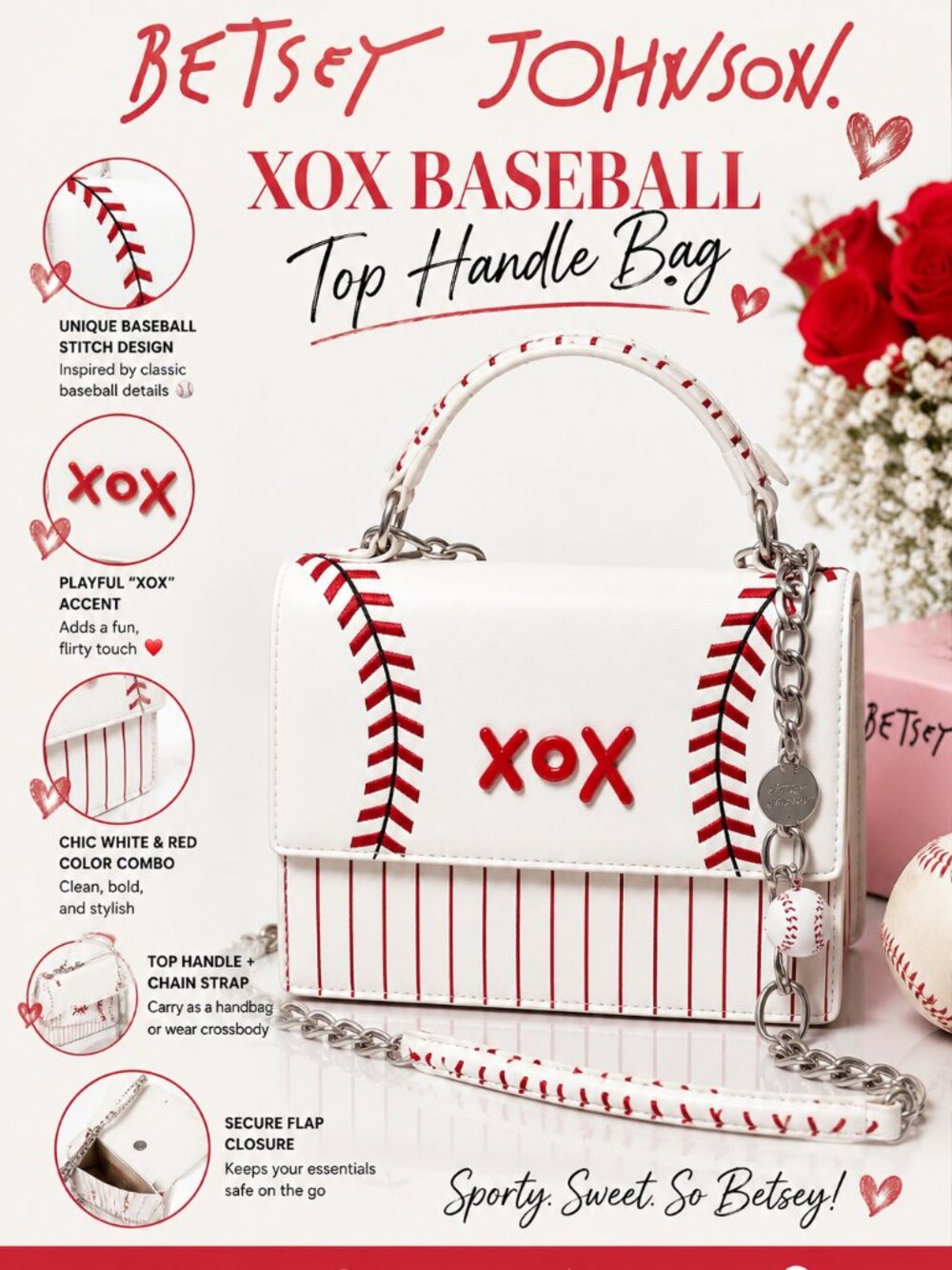 ⚾❤️✨ Betsey Johnson Baseball-Inspired Crossbody Bag – White & Red XOX Handbag